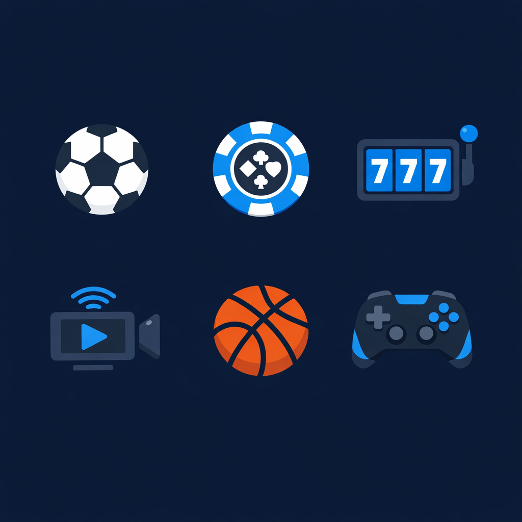 Icônes des fonctionnalités de l'application 1xBet : paris sportifs, casino, streaming en direct