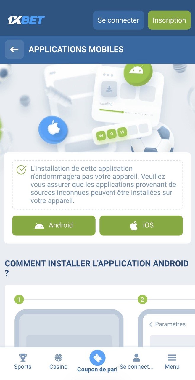 Page téléchargement application 1xBet Sénégal, vue mobile (1xbet.sn/fr/mobile)